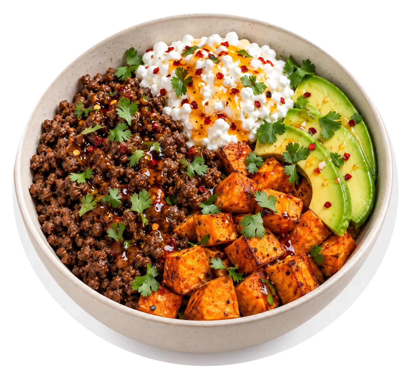 Hot Honey Beef and Sweet Potato Cottage Cheese Bowls
