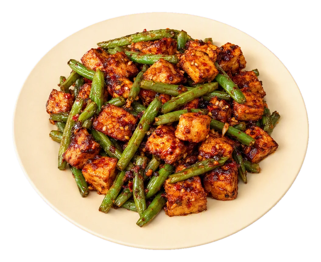 Air Fryer Chili-Garlic Tofu with Green Beans