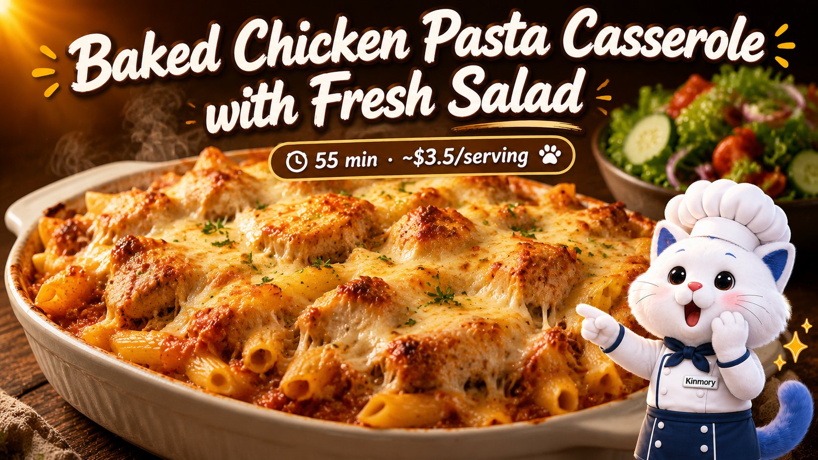 Baked Chicken Pasta Casserole with Fresh Salad